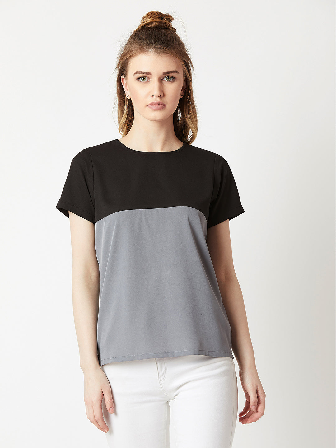 Women's Black & Steel Grey Round Neck Short Sleeve Solid Color Block Boxy Top