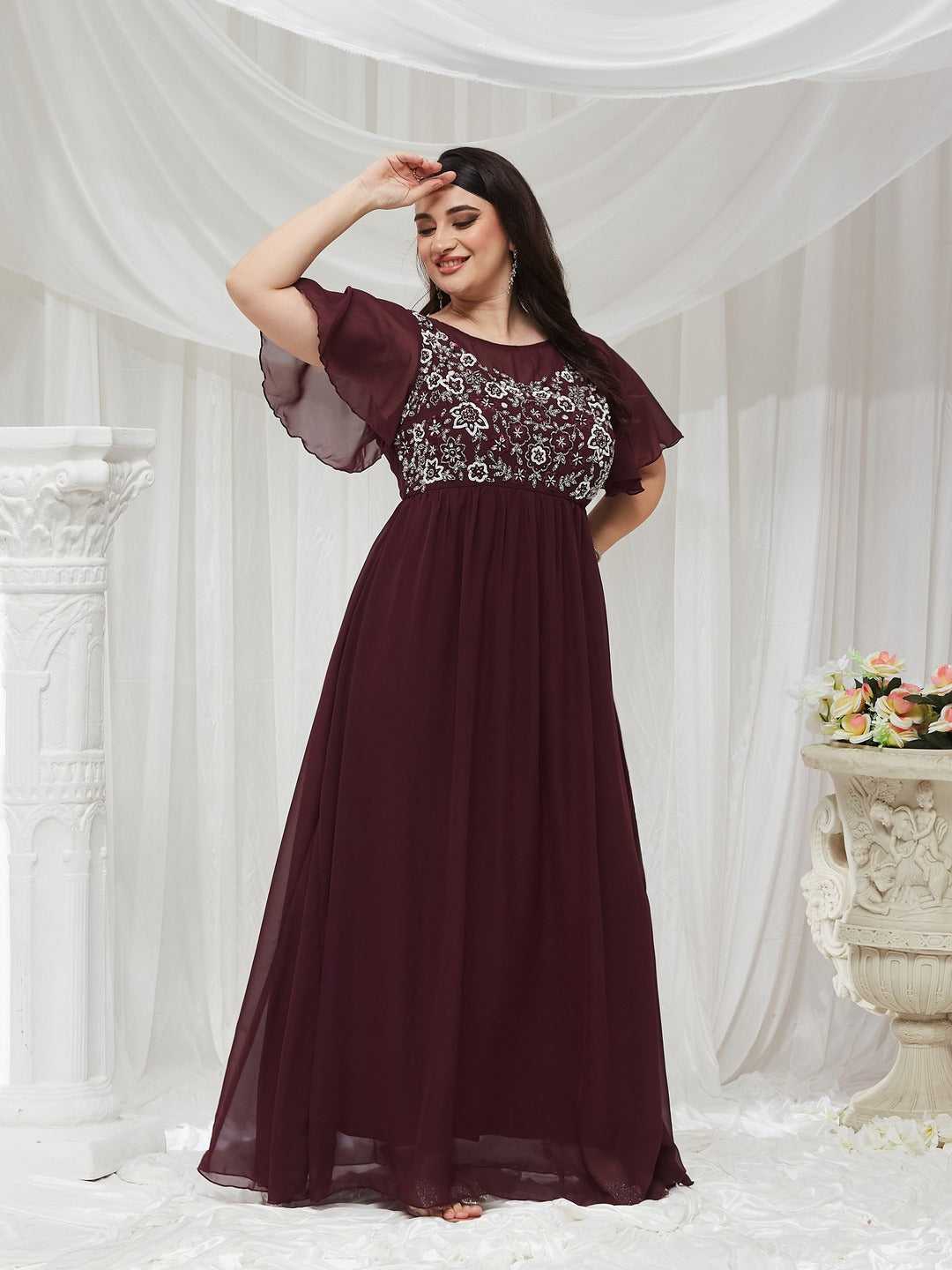 Wine Boat Neck Half Sleeve Solid Embellished Georgette Maxi Dress for Women
