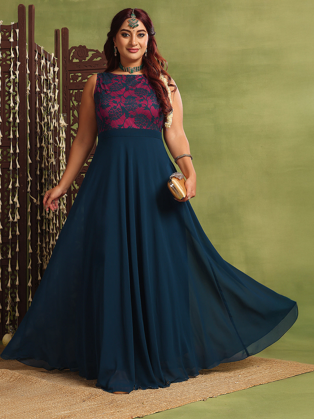 Women's Teal Sleeveless Georgette & Lace Floral Fit & Flare Maxi Dress