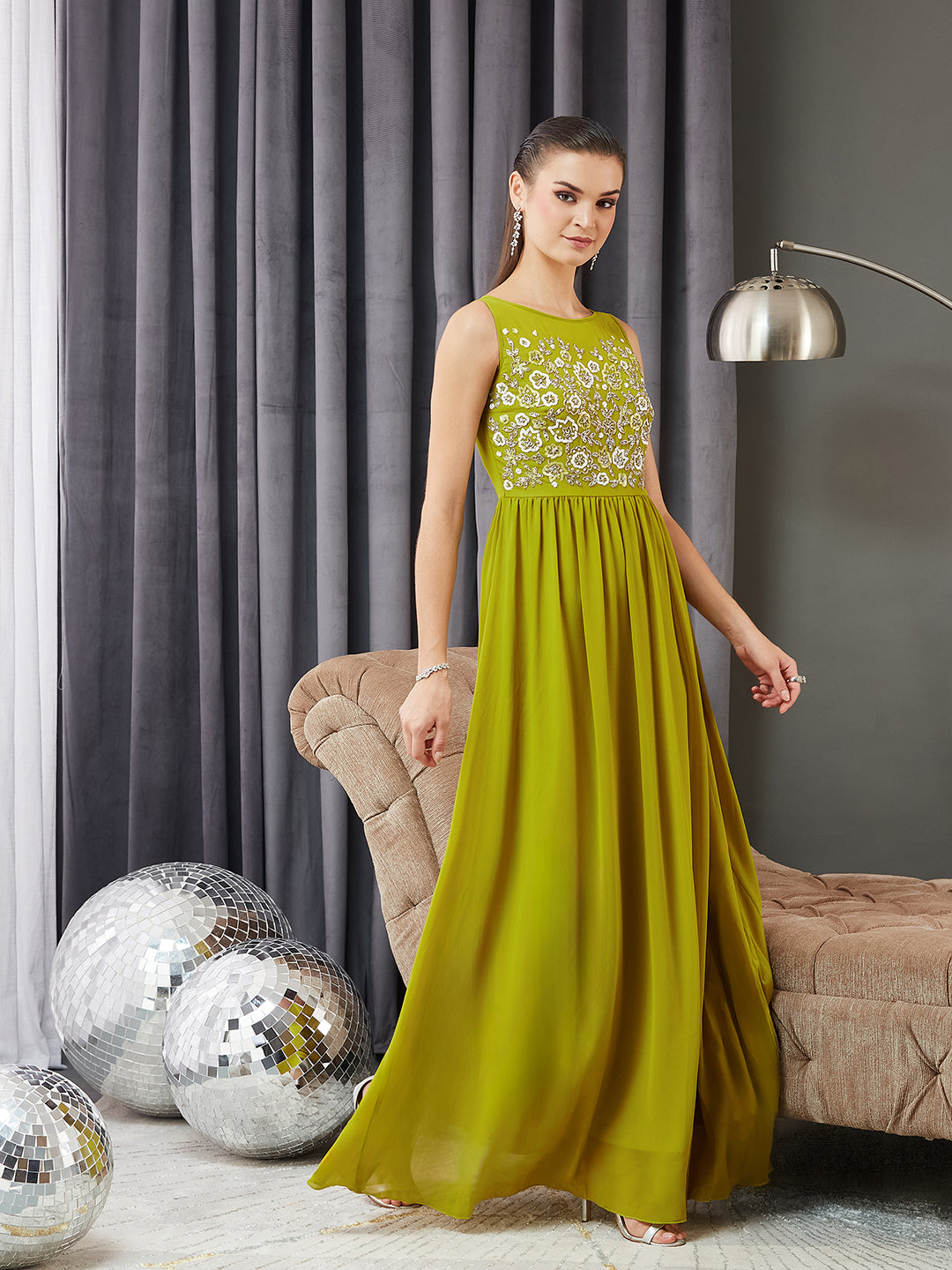 Women's Lemon Green Boat Neck Sleeveless Embroidered Georgette Gathered Maxi Dress