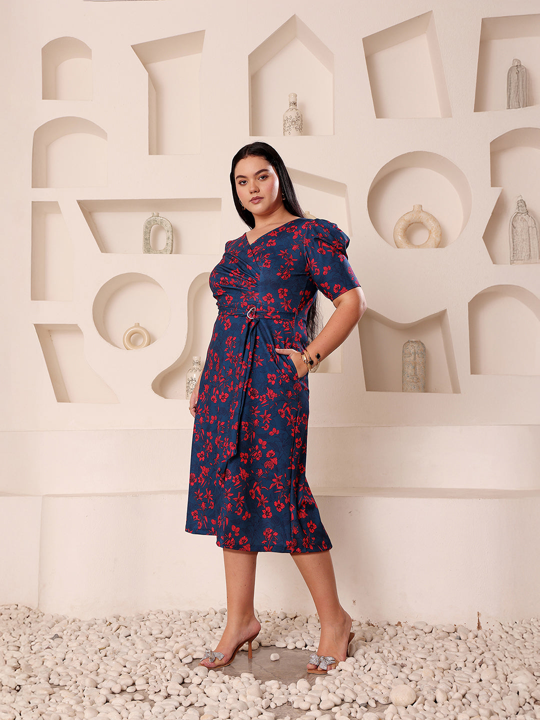 Body Bliss Multicolored-Base-Teal V-neck Puff-Sleeves Floral Wrap Midi Dress