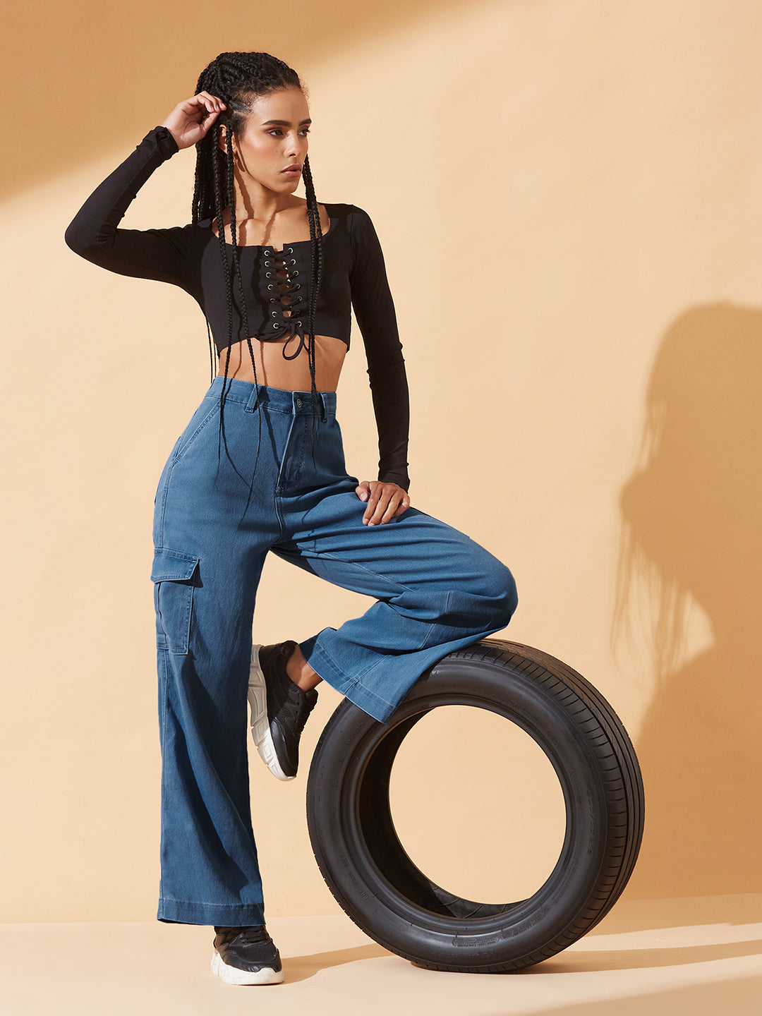 Blue Wide-Leg High-Rise Regular Stretchable Denim Jeans for Women