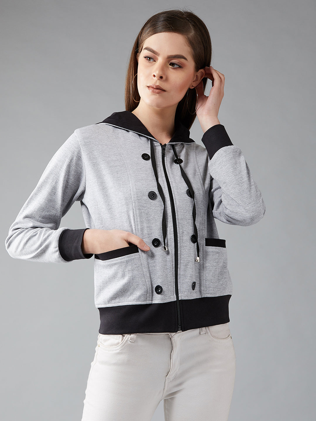 Women's Grey Hooded Full Sleeves Solid Drawstring And Eyelet Detailing Regular Length Jacket