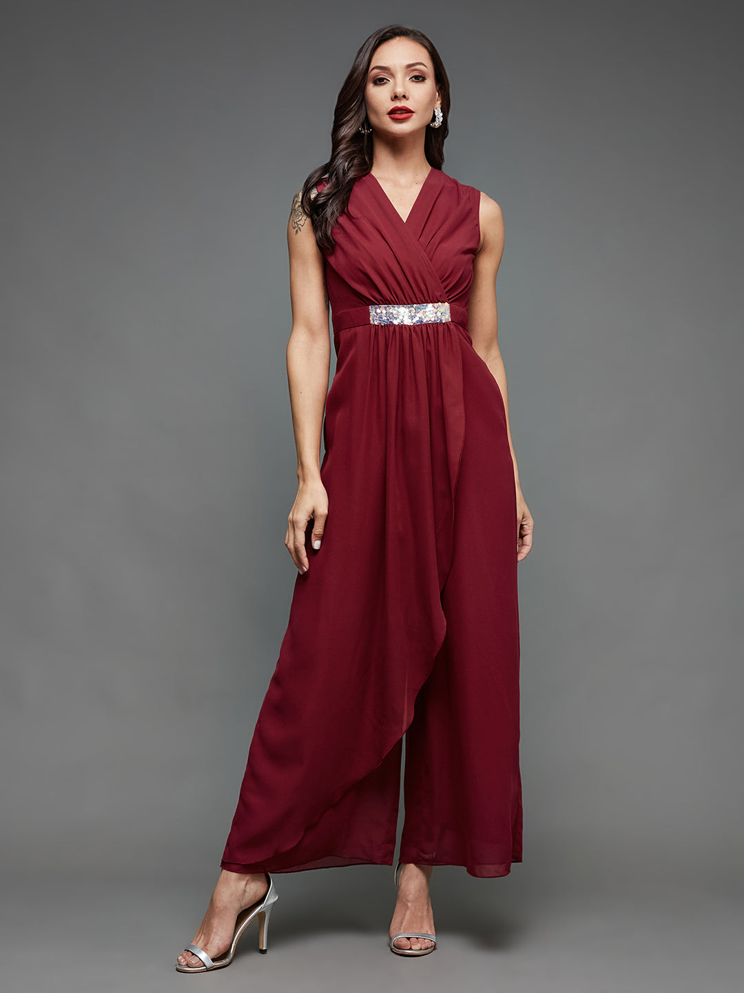 Women's Cocktail Maroon V-Neck Sleeveless Sequined Party Wrap Jumpsuit