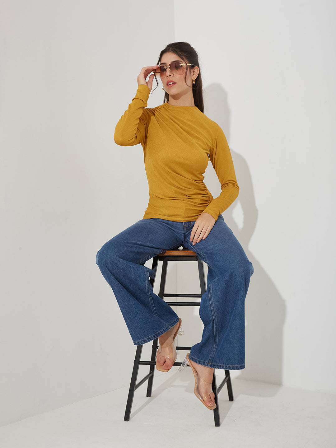 Golden Draped Polo Neck Full Sleeve Polyester Top for Women