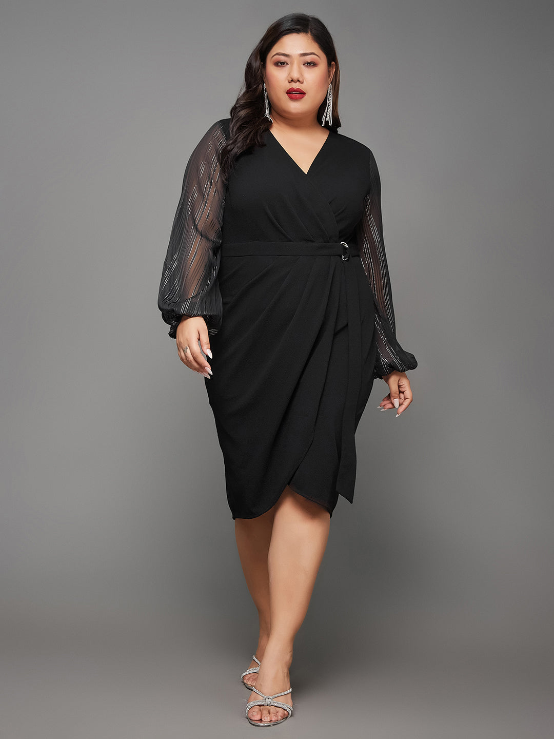 Crease Ease Women's Black Solid V Neck Bishop Sleeves Front Pocketed Polyester Wrap Knee-Length Dress