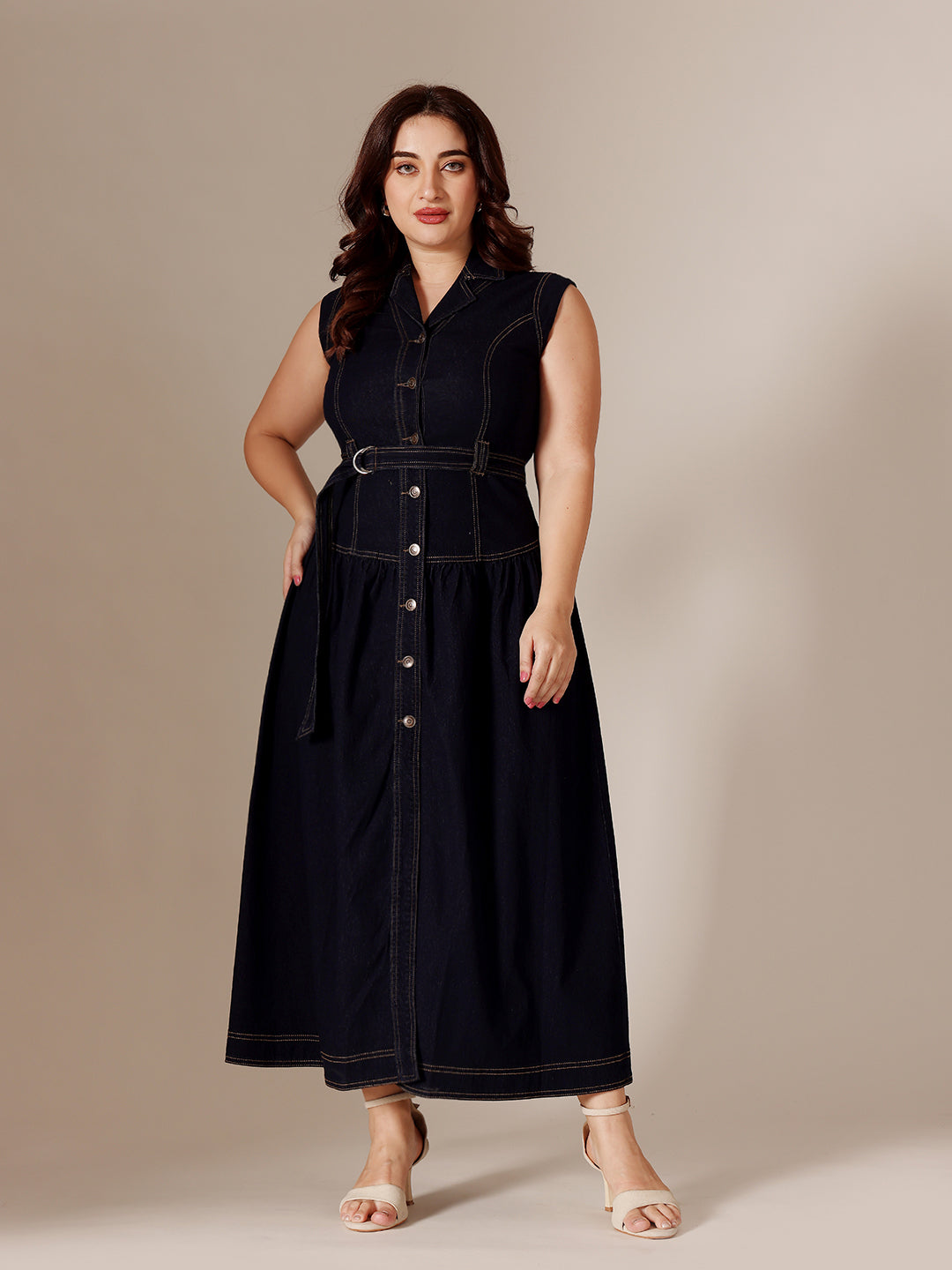 Dark Blue Lightweight Denim Maxi Shirt Dress with Notched Collar and Drop Waist, Sleeveless Fit & Flare for Women