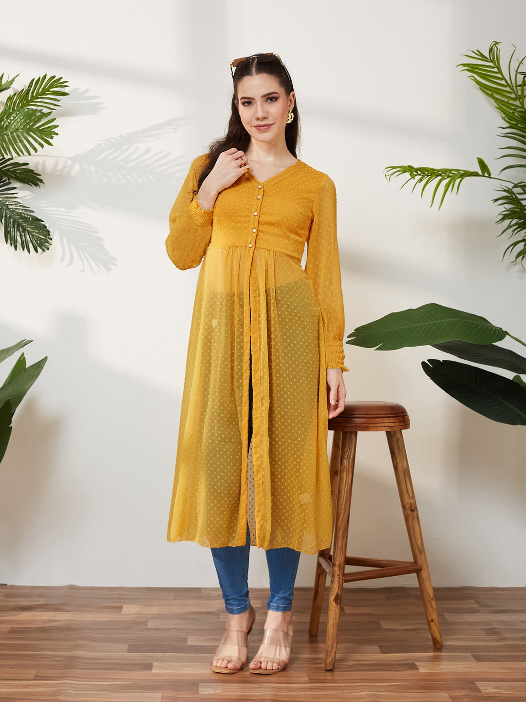 Mustard Yellow V-Neck 3/4 Sleeves solid empire Maxi Top for Women