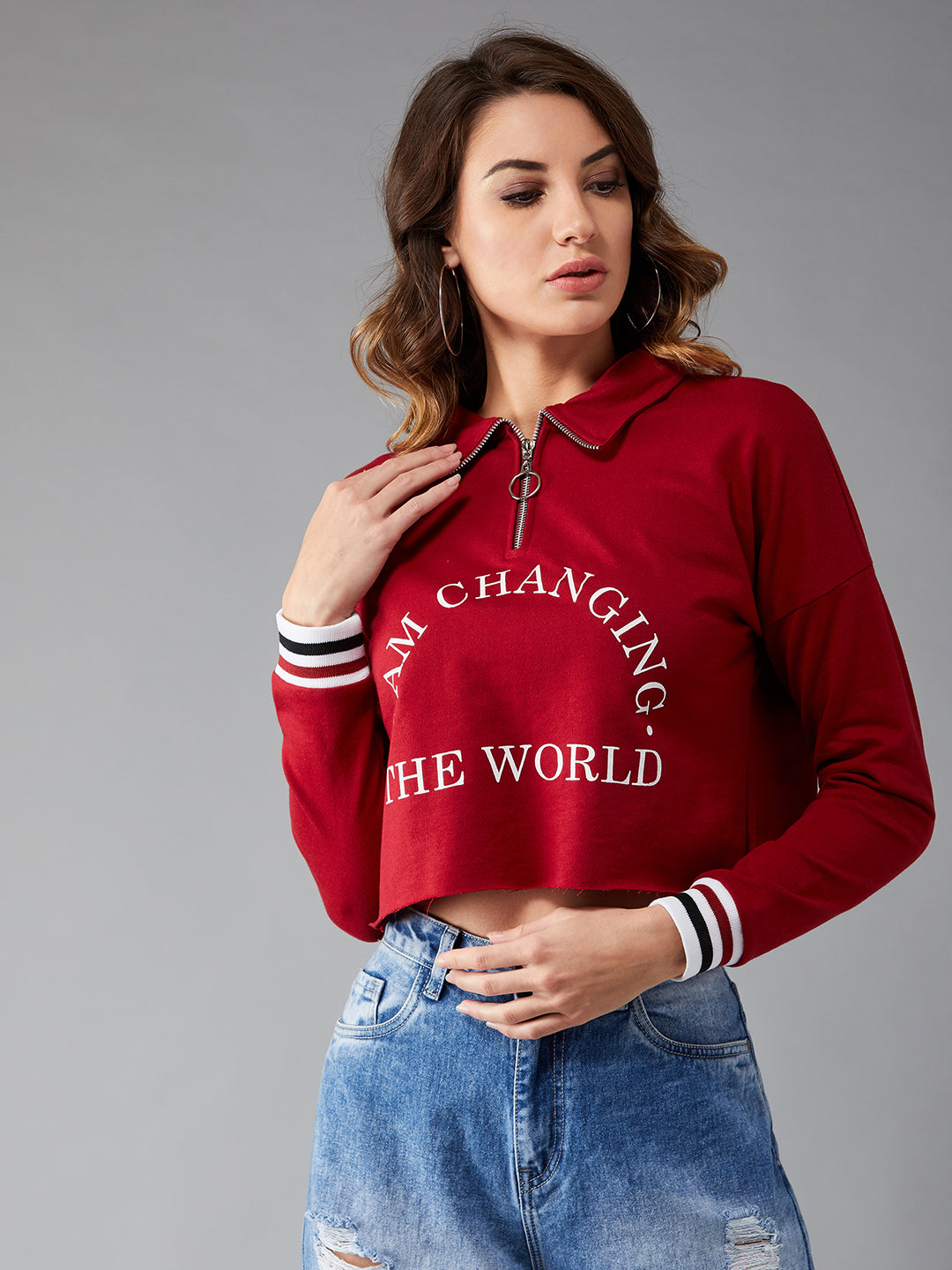 Women's Maroon Round Neck Full Sleeves Ribbed Solid Boxy Printed Crop Sweatshirt