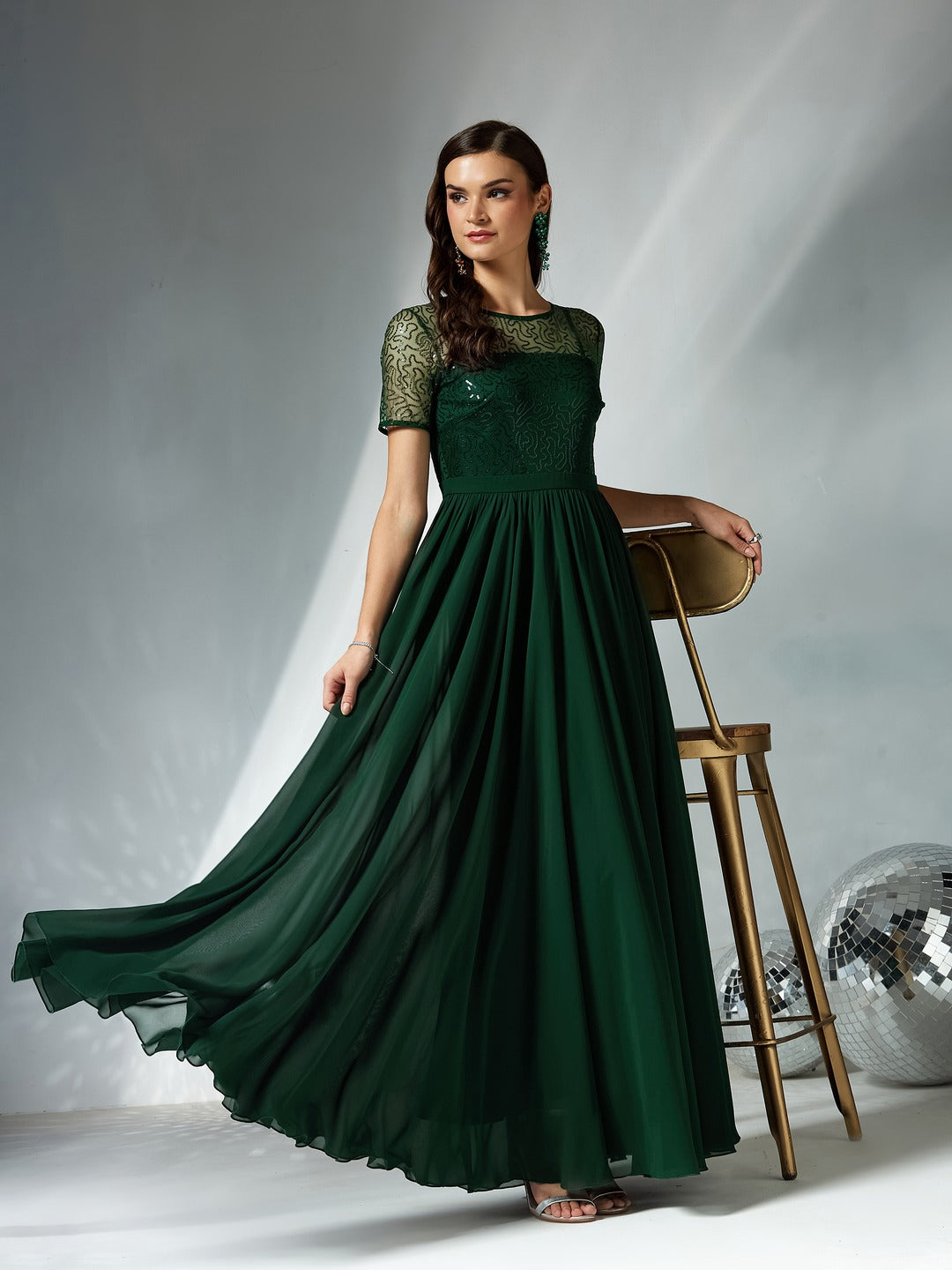 Dark Green Relaxed Fit Maxi Georgette & Sequins Dress for Women
