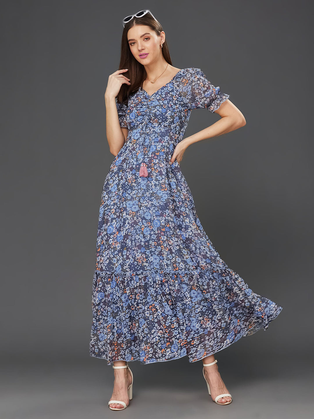 Women's Multicolored-Base-Navy Blue V-Neck Puff Sleeve Floral Ruching Ankle-Length Dress