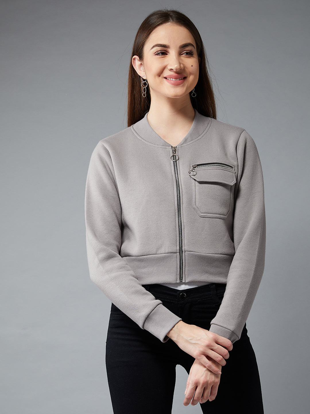 Women's Grey Stand Collar Full Sleeves Cotton Boxy/Bomber Cropped Jacket