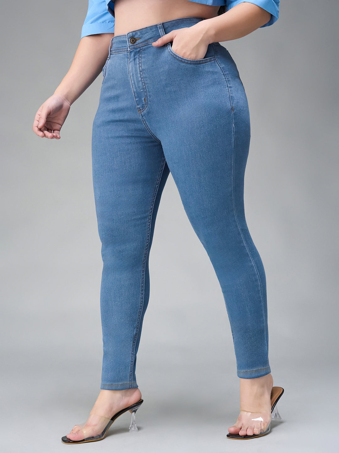 24/7 Comfort Mid-Blue Skinny-Fit High-Rise Distressed Denim Jeans for Women