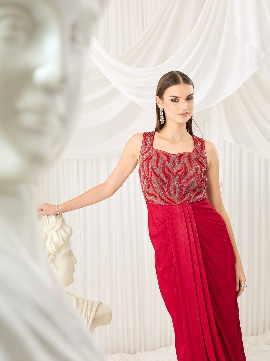 Embroidered Satin Gown in Red with Sweetheart Neckline for Women