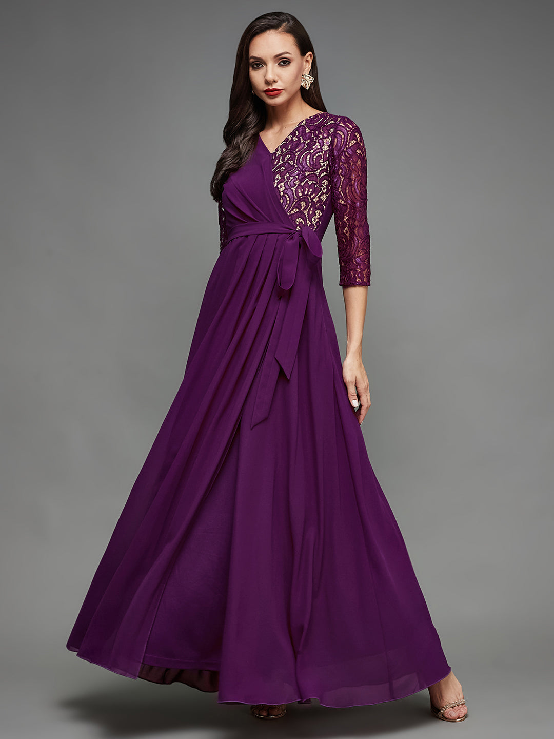 Women's Dark Purple Colored V-Neck Three-Quarter Sleeve Self-Designed Wrap Maxi Georgette Dress