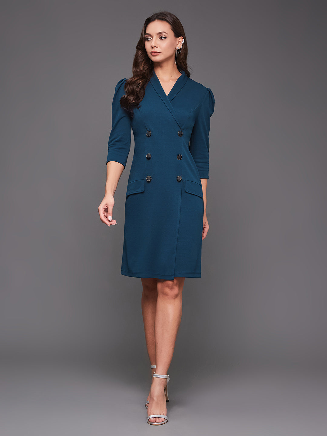 Women's Teal V-neck 3/4 Sleeve Solid Double Breasted Blazer Knee-Long Polyester Dress