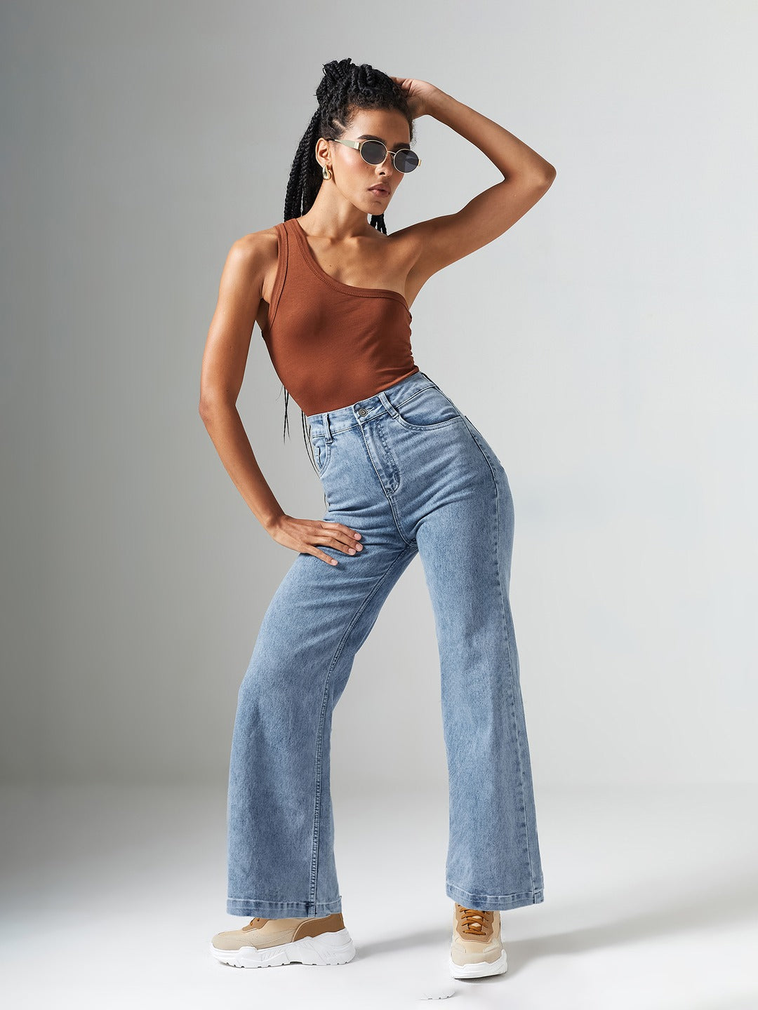 Light Blue Wide-Leg High Rise Clean Look Regular Stretchable Denim Jeans for Women