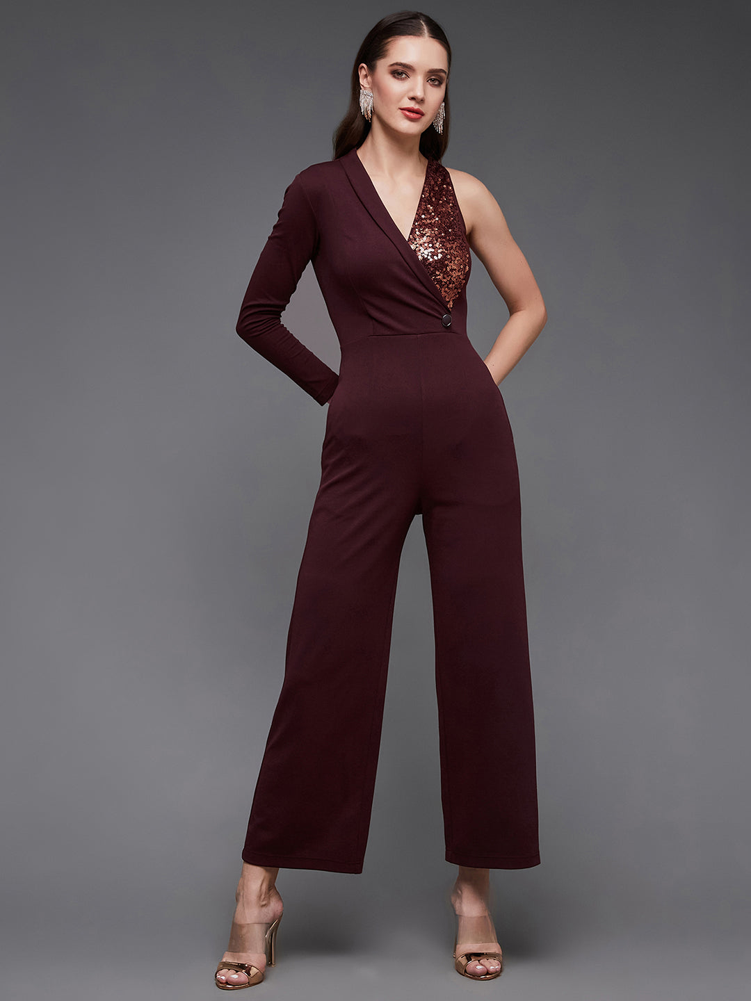 Women's Wine Embellished Shawl Collar Asymmetric Sequined Party Blazer Jumpsuit