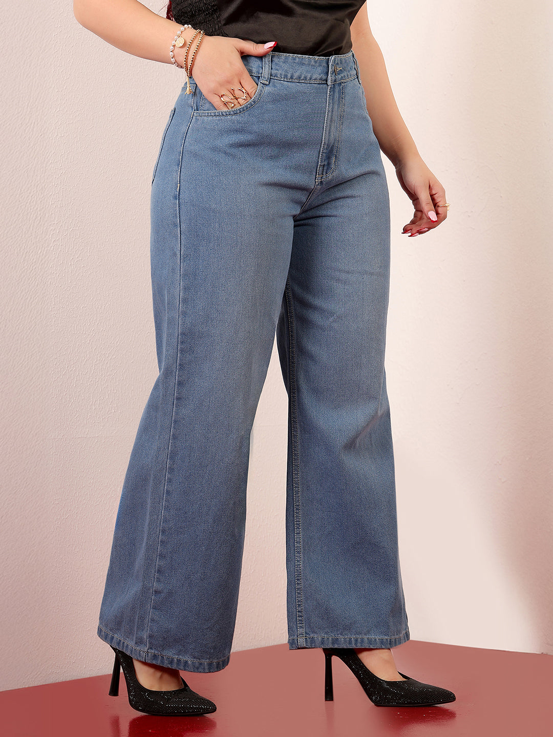 Women's Light Blue Wide-Leg High-Rise Clean-Look Regular-Length Non-stretchable Denim Jeans