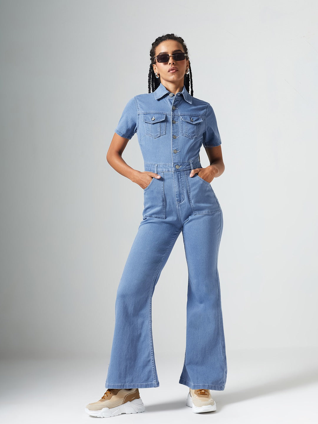 Light Blue Flared High Rise Regular Length Stretchable Denim Jumpsuit for Women