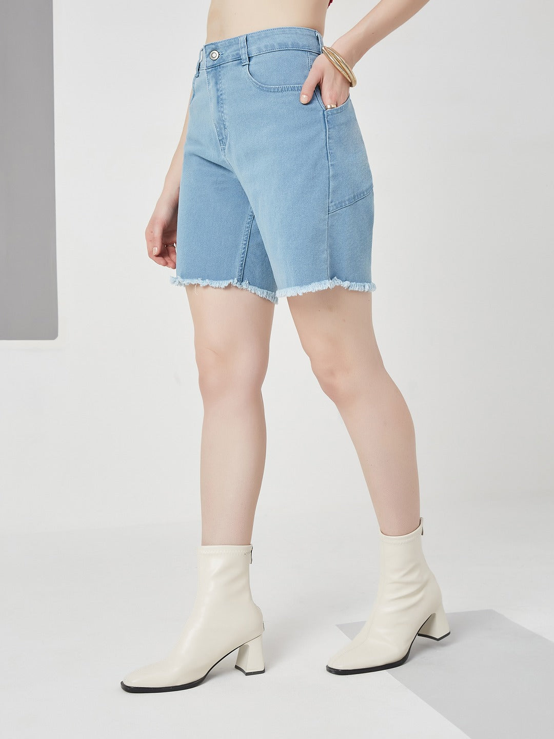Light Blue Regular high-rise Above Knee Stretchable Denim Shorts for Women