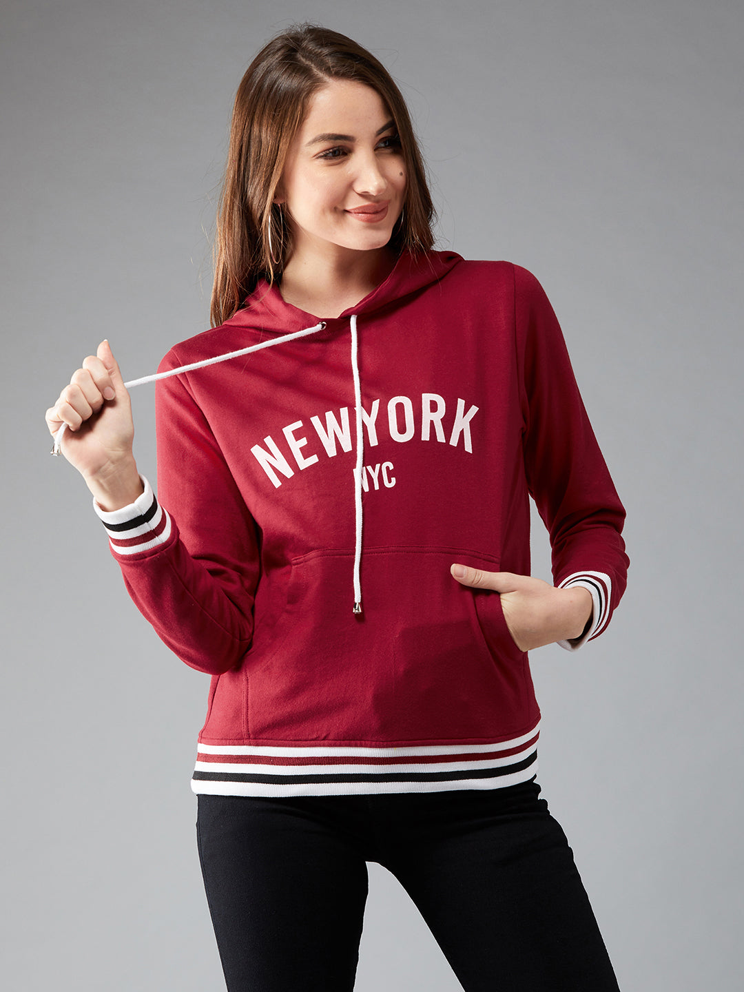 Women's Maroon Hooded Full Sleeves Screen Printed Eyelet Detailing Regular Length Sweatshirt