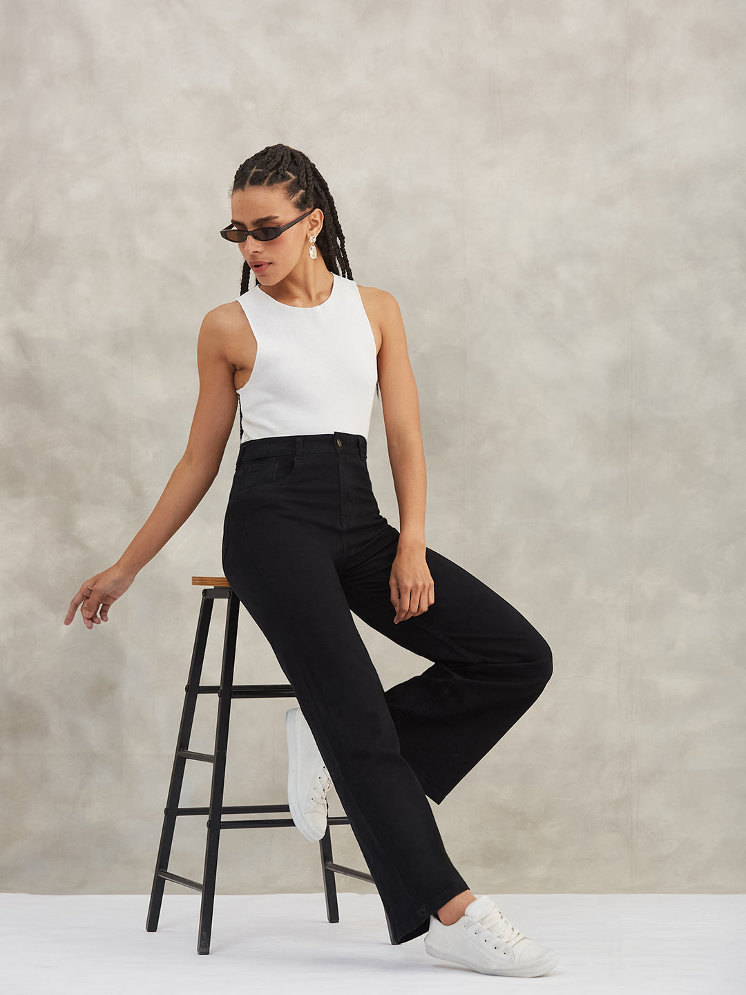 Women's Black Wide-Leg High-Rise Stretchable Denim Jeans
