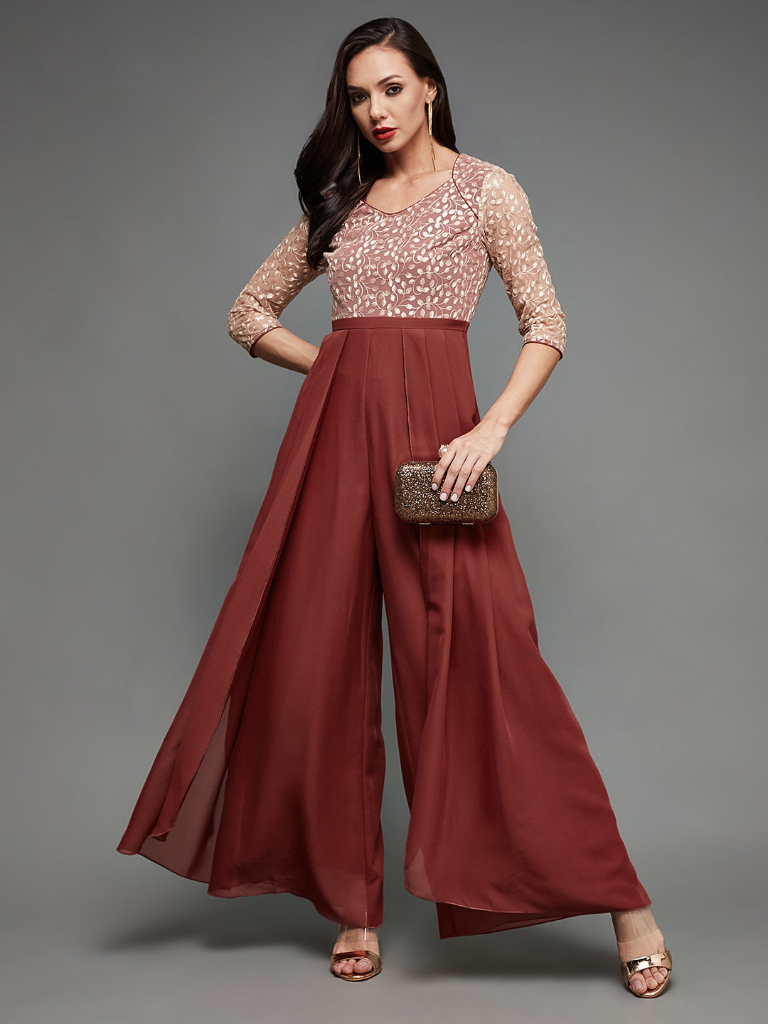 Women's Brick Red & Peach Embroidered Sweet-Heart Neck Raglan Sleeves Side Pocketed Georgette Pleated Regular-Length Jumpsuit