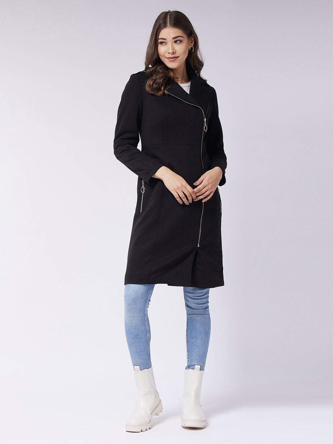 Women's Black Notch Collar Multi Panelled Full Sleeve Solid Double Breasted Knee Length Jacket