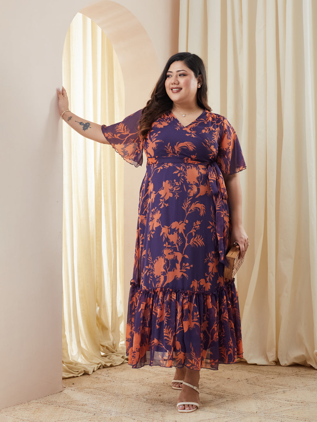 Purple & Orange Floral Wrap Chiffon Maxi Dress with Flutter Sleeves & Frilled Hem for Women