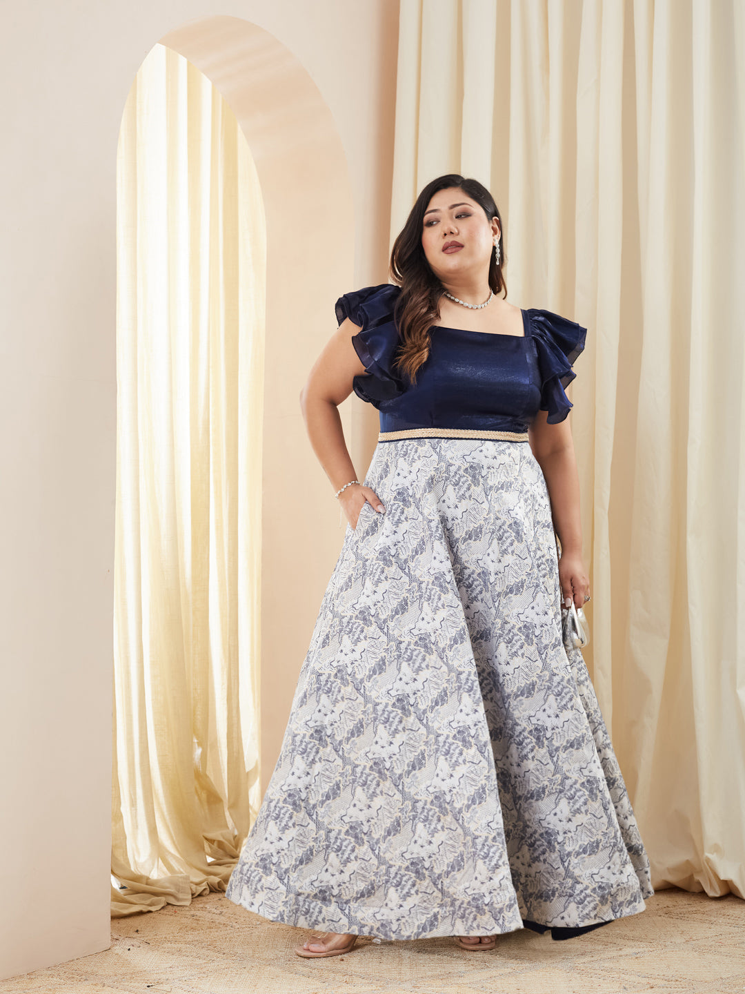 Navy Blue White Square Neck Ruffled Floral Maxi Dress for Women