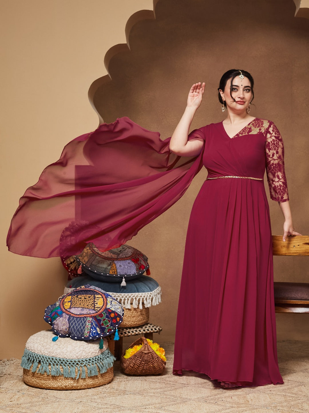 Dark Pink V-Neck Asymmetric Self-Designed Georgette Maxi Dress for Women