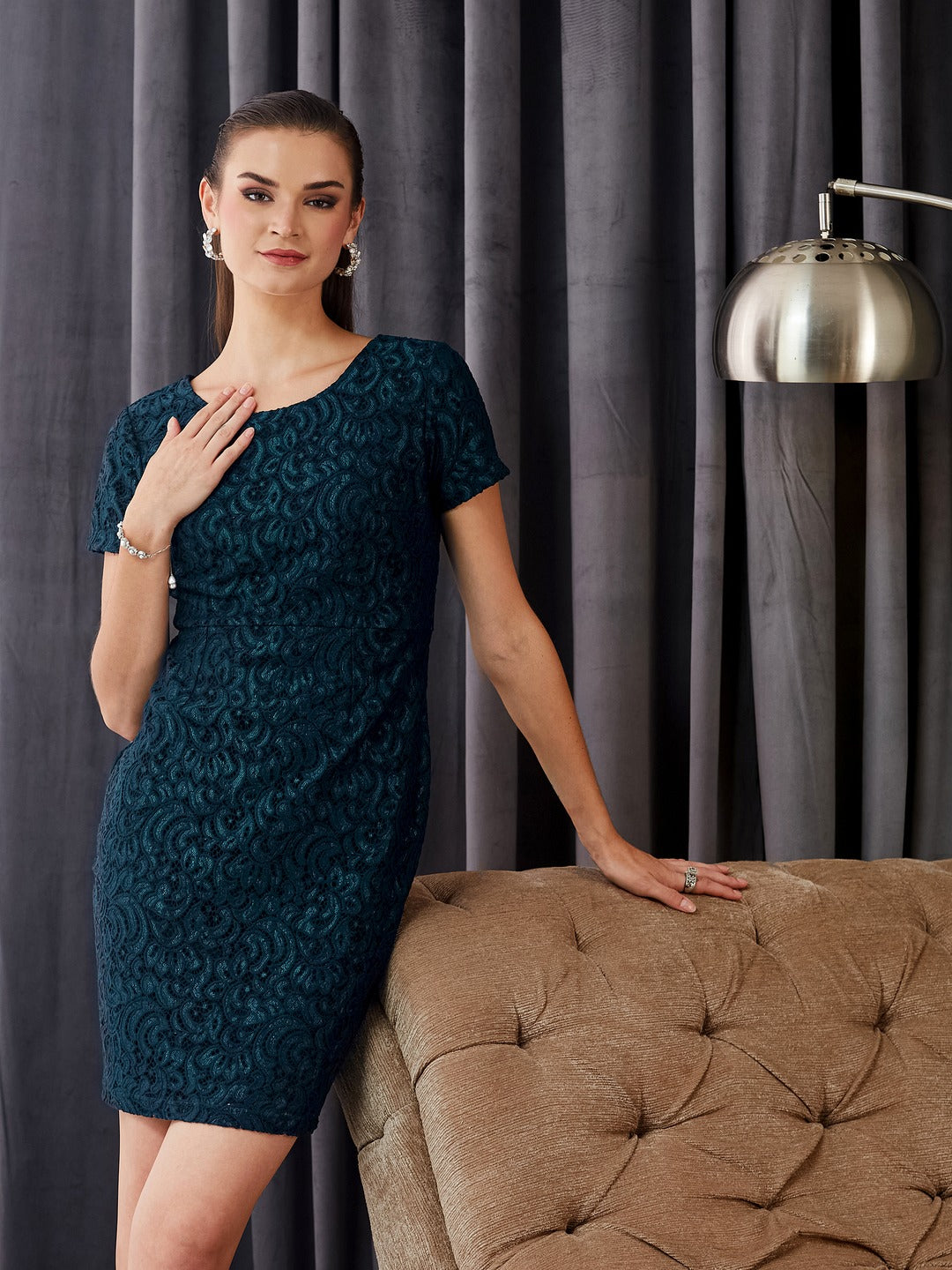 Women’s Teal Round Neck Half Sleeve Self Design Bodycon Knee-Length Lace Dress for Women