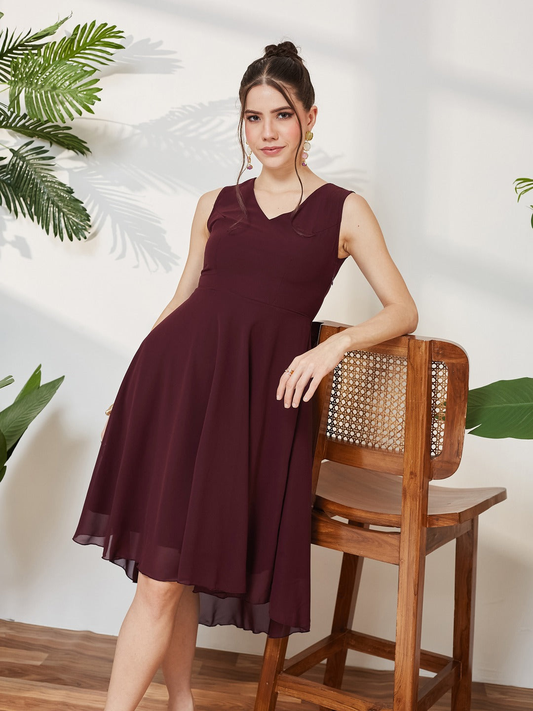 Wine Red V-Neck Sleeveless Solid High-Low Midi Skater Dress for Women
