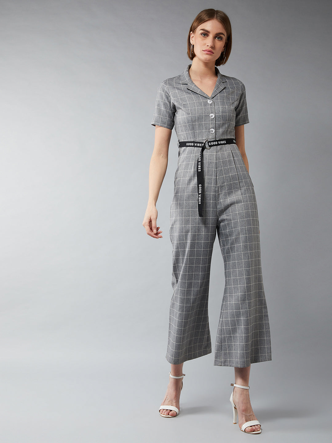 Women's Grey & White Collared Neck Half Sleeves Checkered Flared Jumpsuit