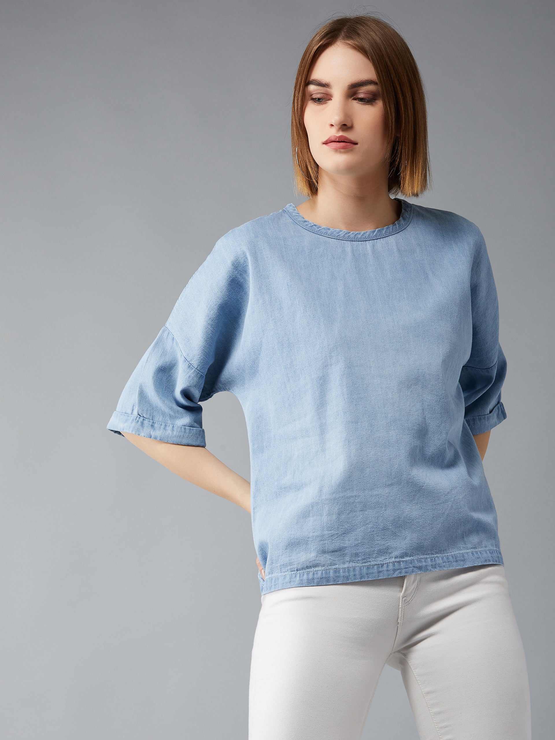 Women's Light Blue Round Neck Half Sleeves Solid Boxy Regular Top