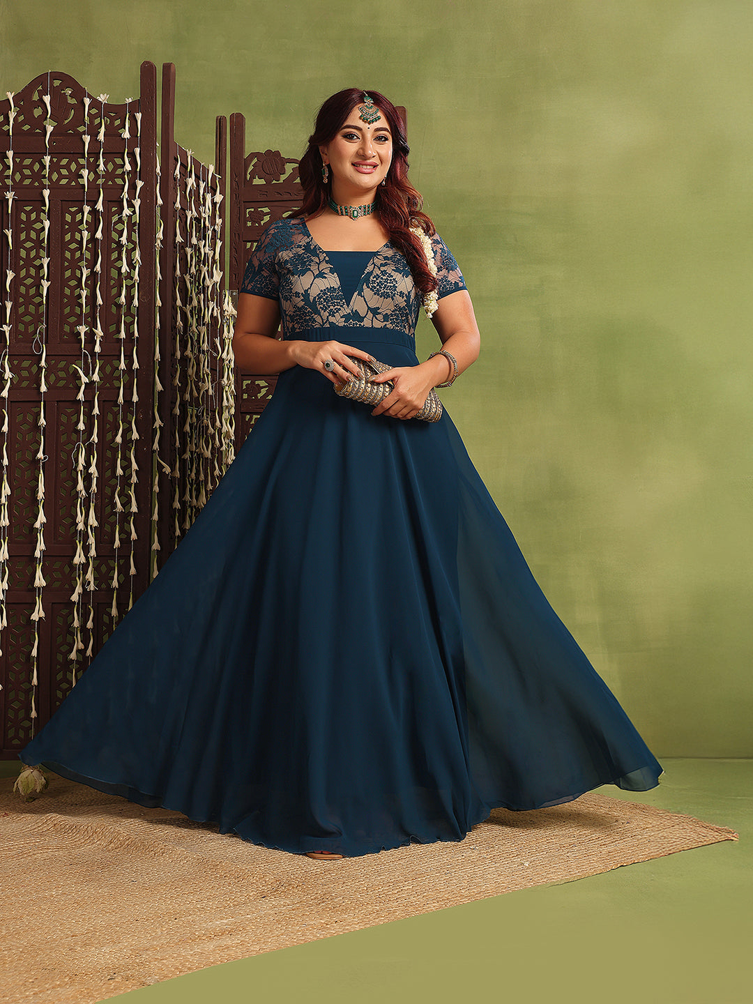 Women's Teal Square Neck Raglan Short-Sleeved Self-Design Lace-Overlaid Georgette Maxi Dress