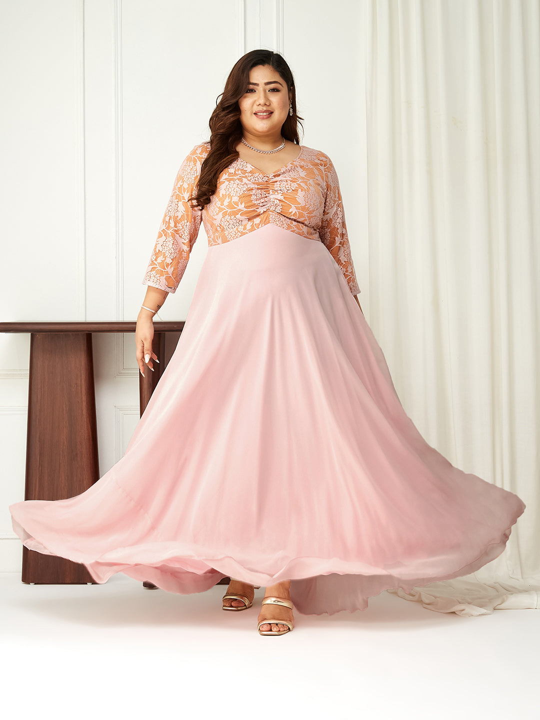 Women's Dusty Pink V-Neck Raglan-Sleeve Self-Designed Empire-Styled Georgette Maxi Dress