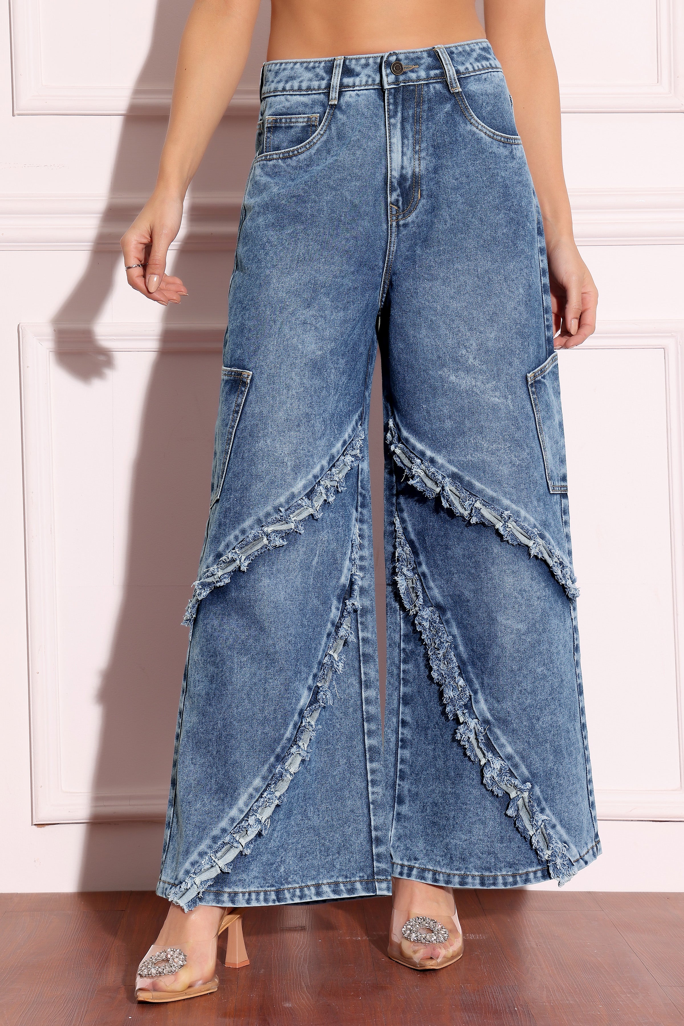 Women's Navy-Blue Wide-Leg High-Rise Highly-Distressed Regular-Length Denim Jeans