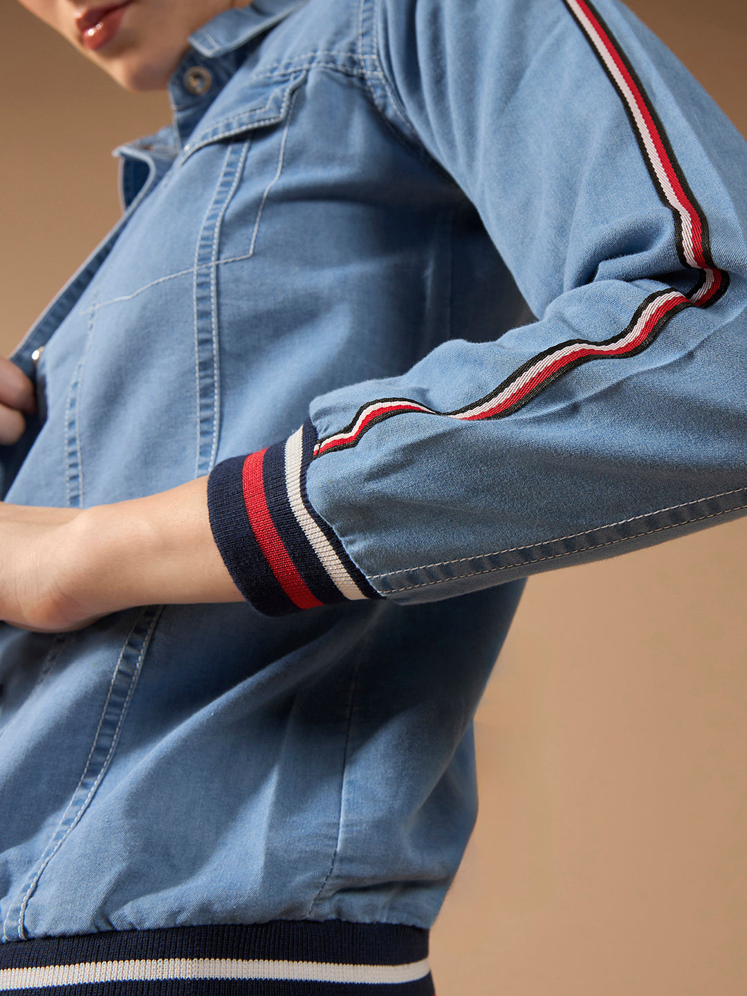 Women's Light Blue Polo Neck Full Sleeve Solid Buttoned Rib And Twill Tape Detailing Bomber Denim Jacket