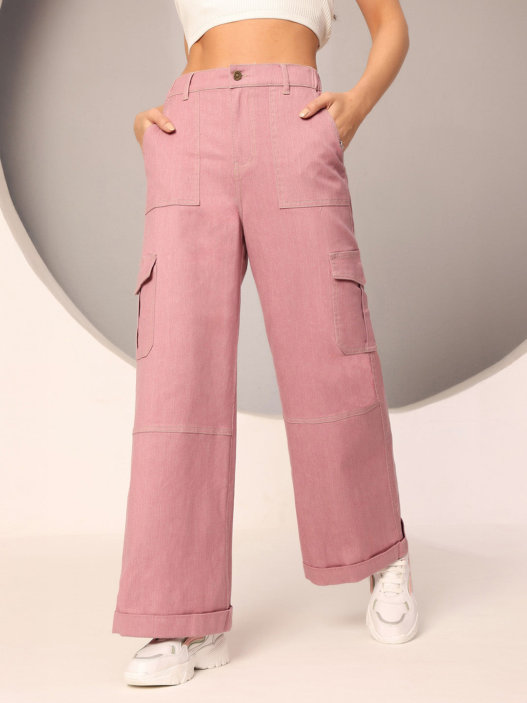 Rose Pink Wide-Leg High-Rise Clean-Look Regular-Length Stretchable Denim Pants for Women