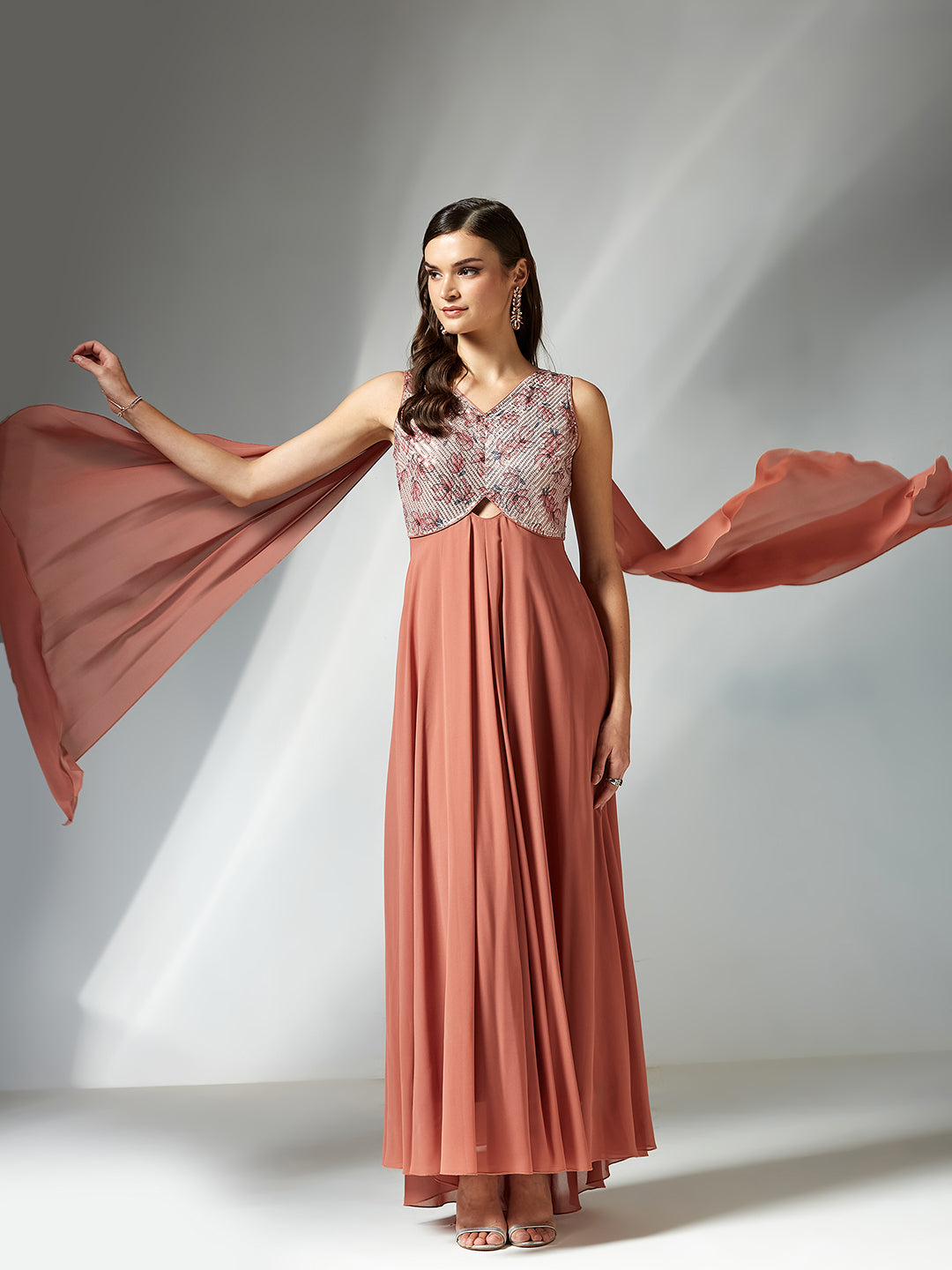 Peach V-Neck Sleeveless Floral Cut-Out Georgette Maxi Dress for Women
