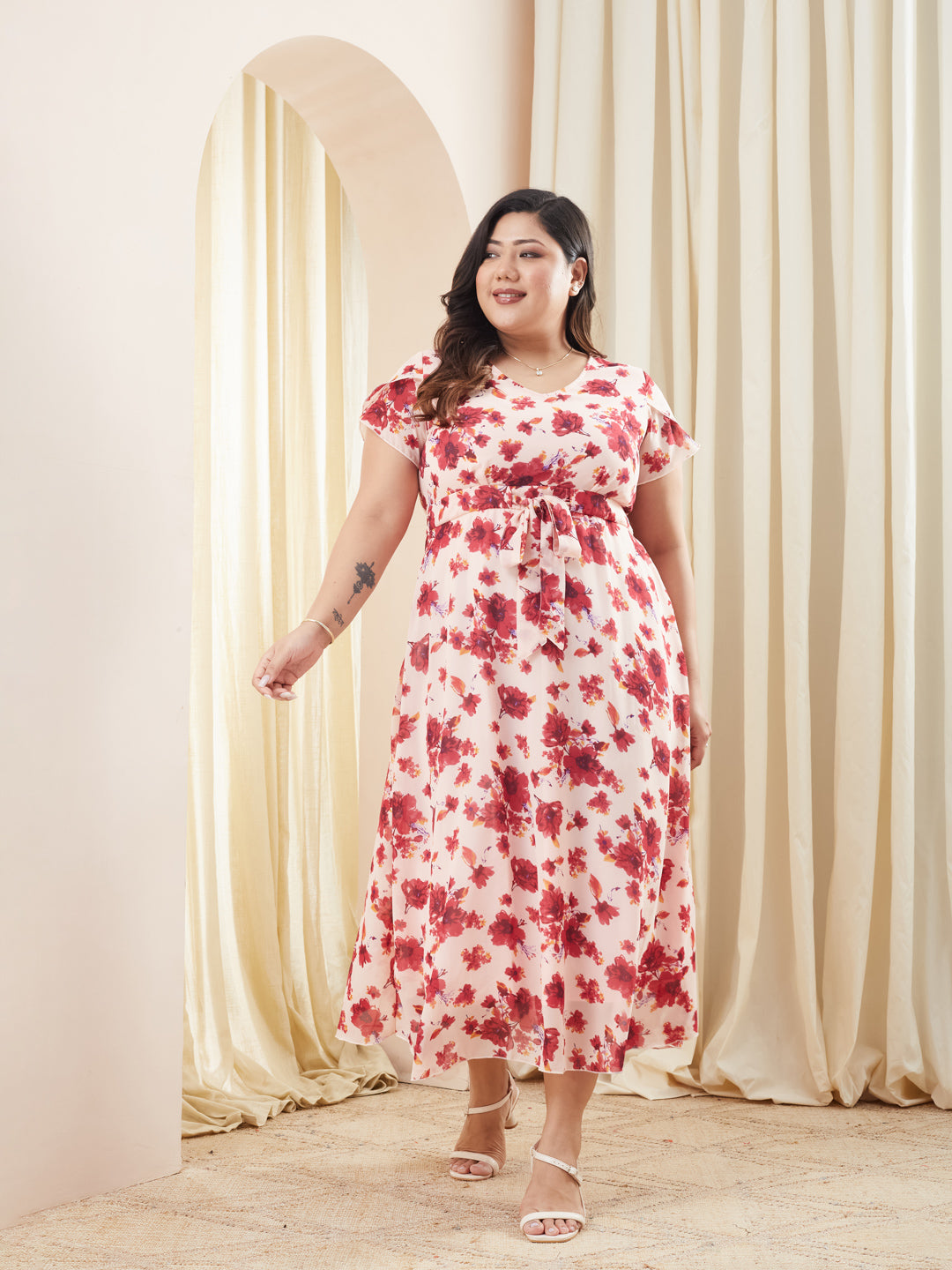 Multicolored-Base-Light Pink V-Neck Short Sleeved Floral Pleated Midi Dress for Women