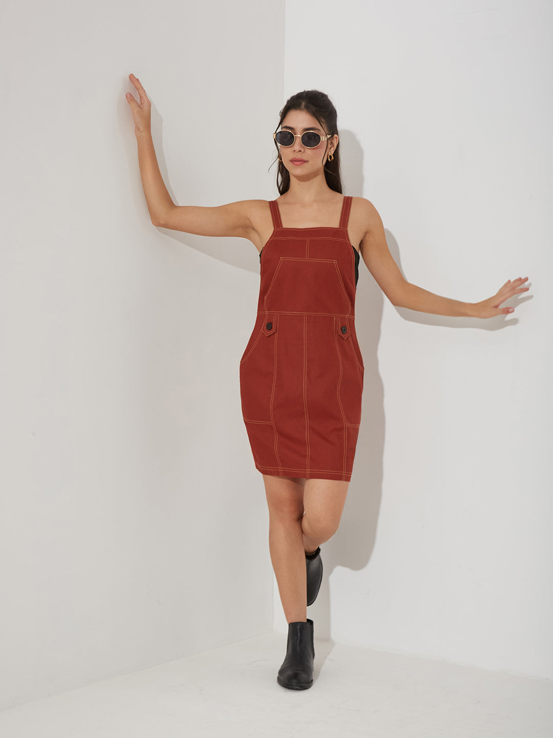 Women’s Rust Square Neck Solid Pinafore Knee-Long Cotton Dress for Women