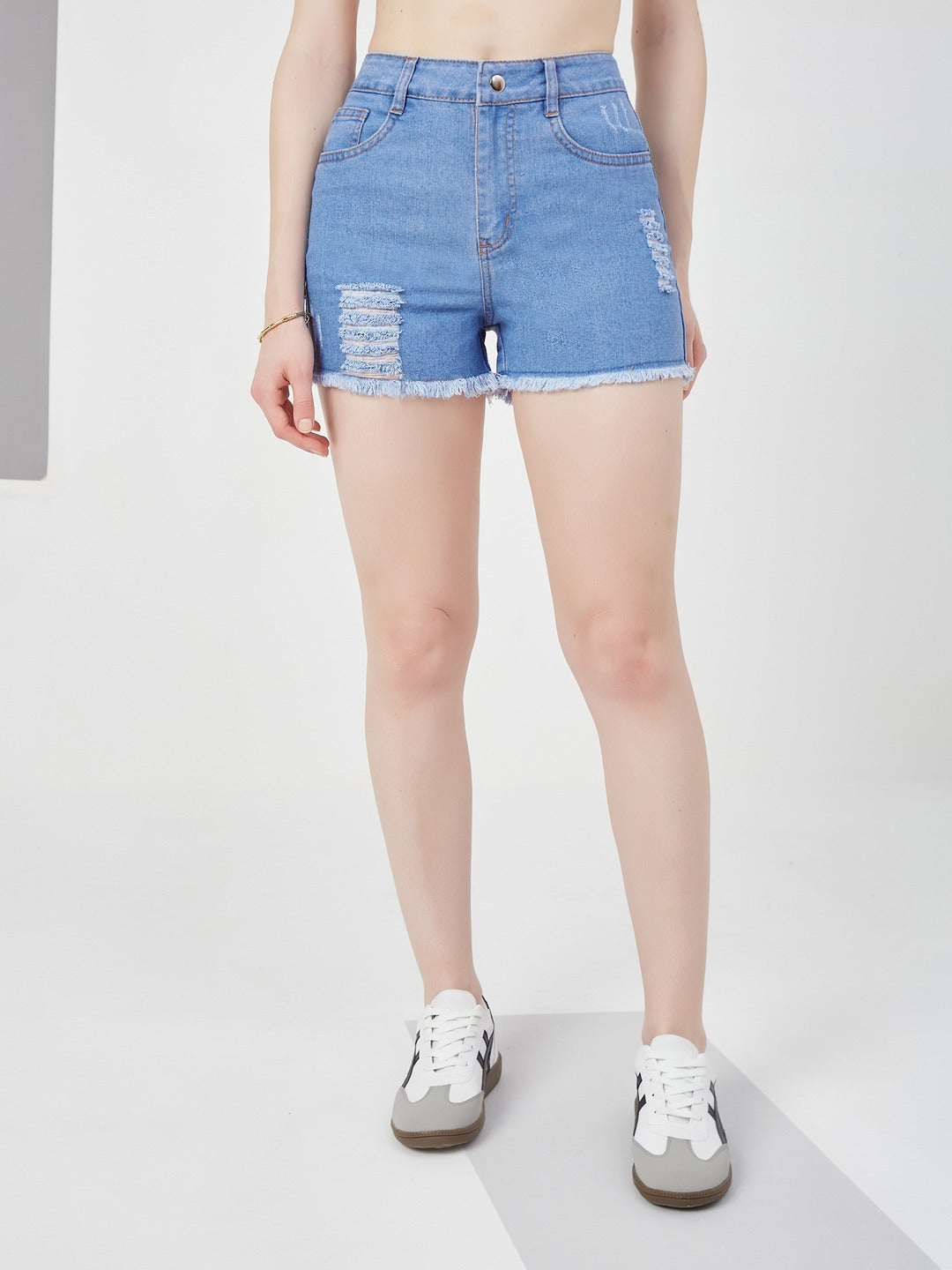 Blue Relaxed Fit Highly Distressed Mid Rise Ripped Denim Shorts for Women