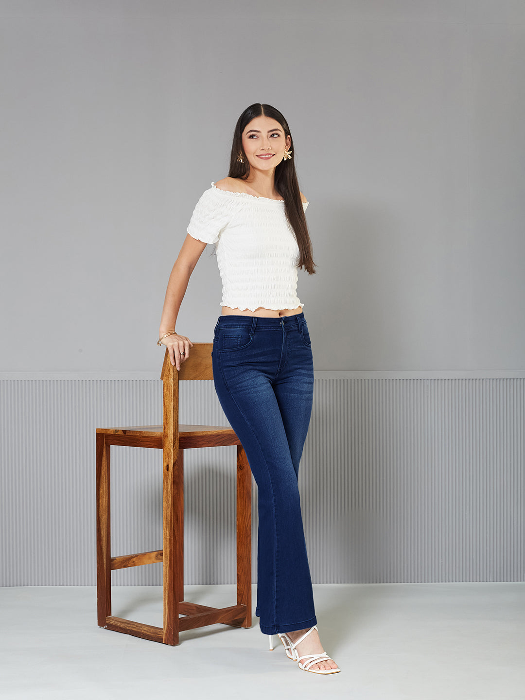 24/7 Comfort Navy-Blue High-Rise Clean-Look Stretchable Bootcut Denim Jeans for Women