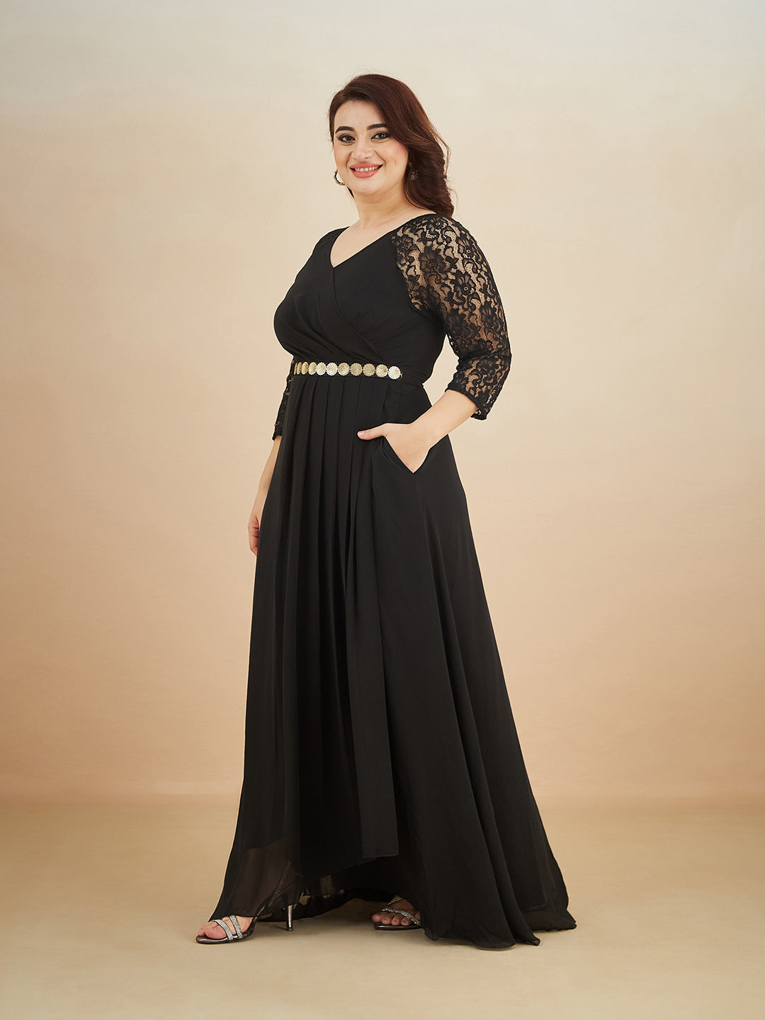 Black V-Neck Raglan Embellished Wrap Maxi Georgette Dress for Women