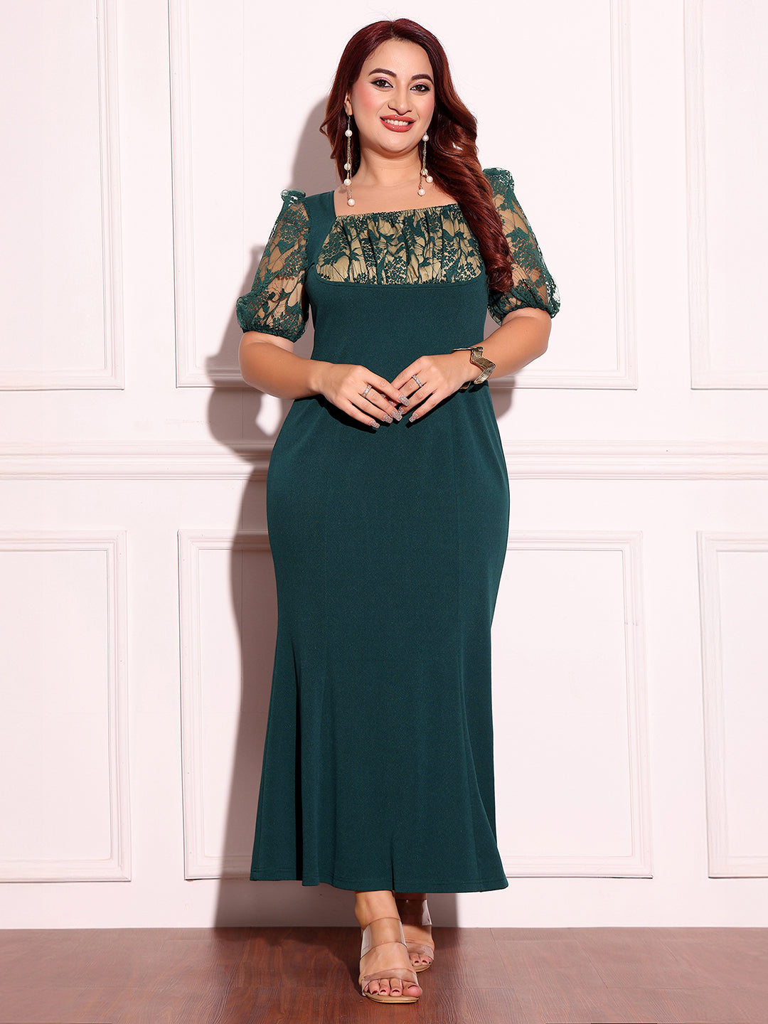 Women's Dark Green Square Puff-Sleeves Solid Lace-Overlaid Ankle Length Dress