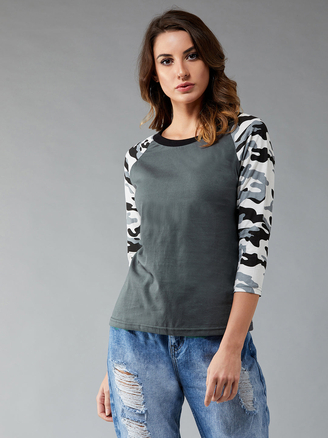 Women's Charcoal grey Round Neck 3/4th Sleeve Printed Basic Regular T-Shirt