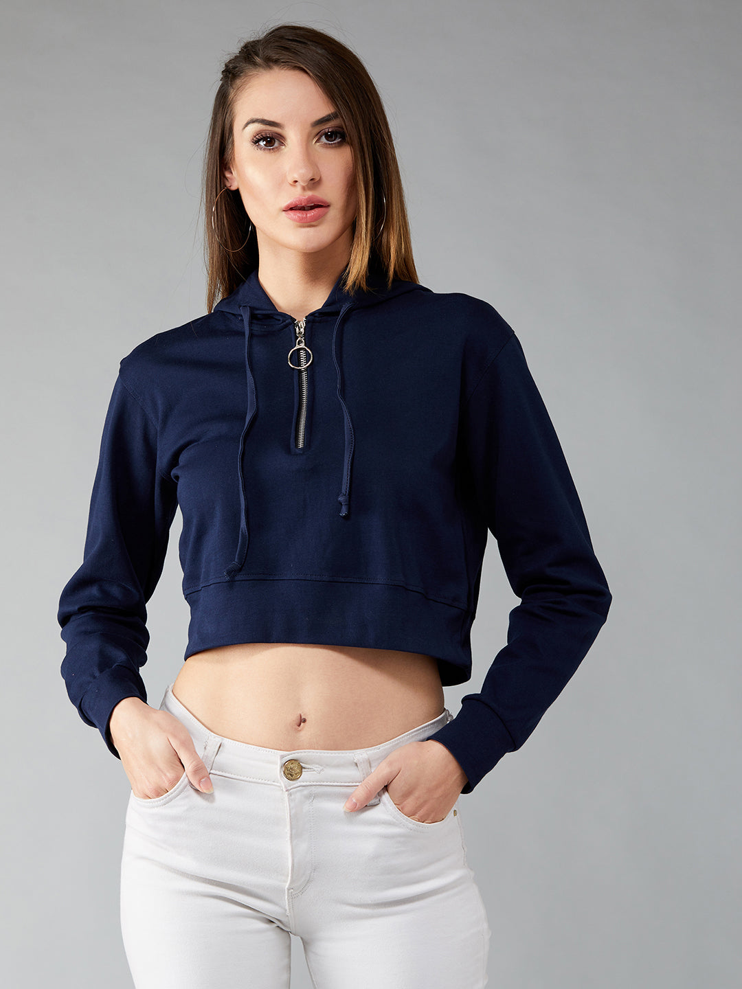 Women's Navy Blue Solid Round Neck Full Sleeve Hooded Boxy Crop Zippered Sweatshirt